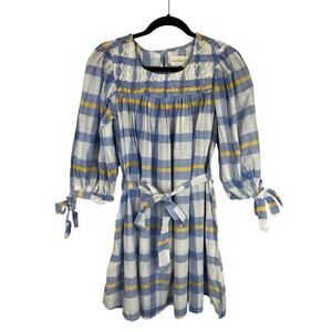 NEW Daughters of India Freya Plaid Dress Size XS Smocked Pockets Periwinkle Blue